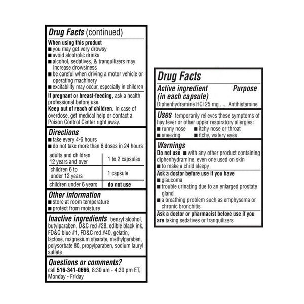 Confiable 1 difenhidramina HCI 25mg 100 Cápsulas