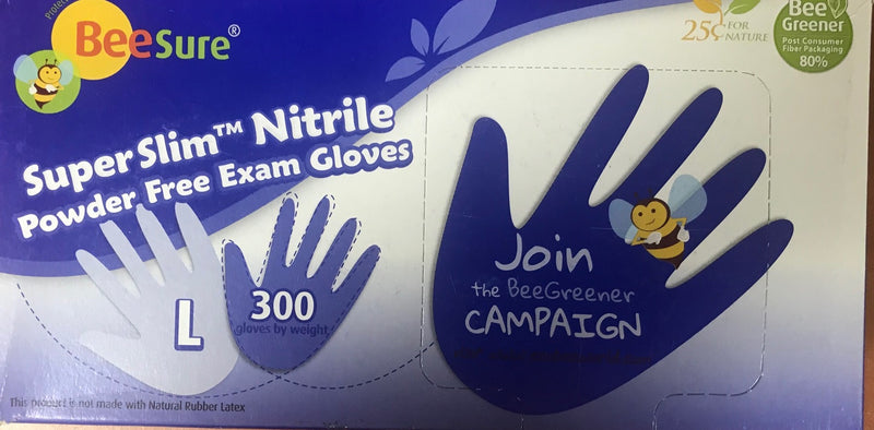 BeeSure SuperSlim Nitrile Powder Free Exam Gloves Size L 300 Ct