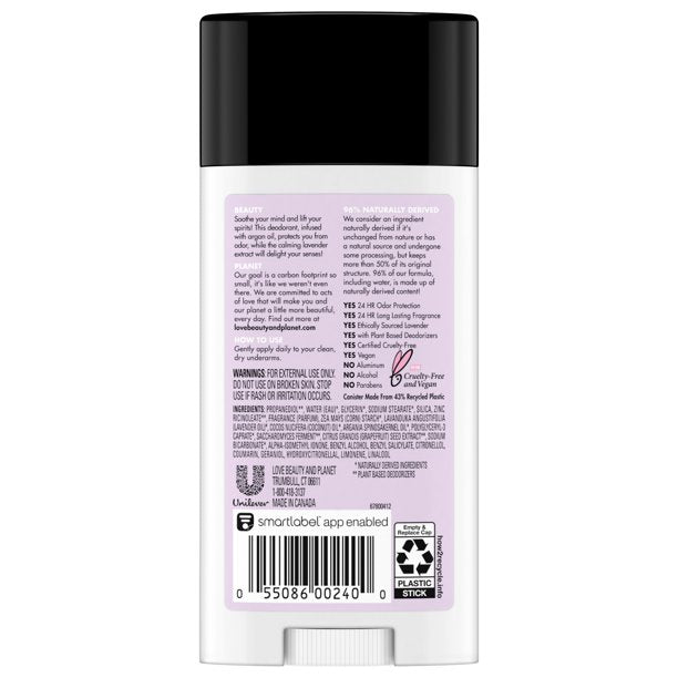 Love Beauty & Planet Argan Oil &Lavender Deodorant 2.95Oz