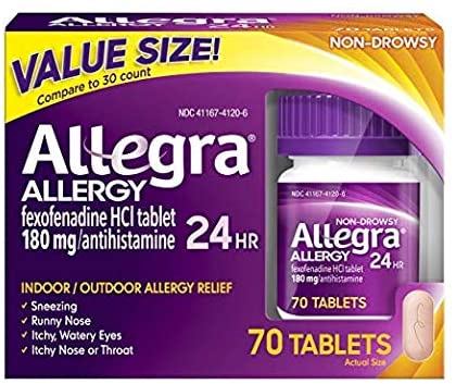 Allegra para adultos tabletas de alergia de 24 horas, 180 mg. 70 ct