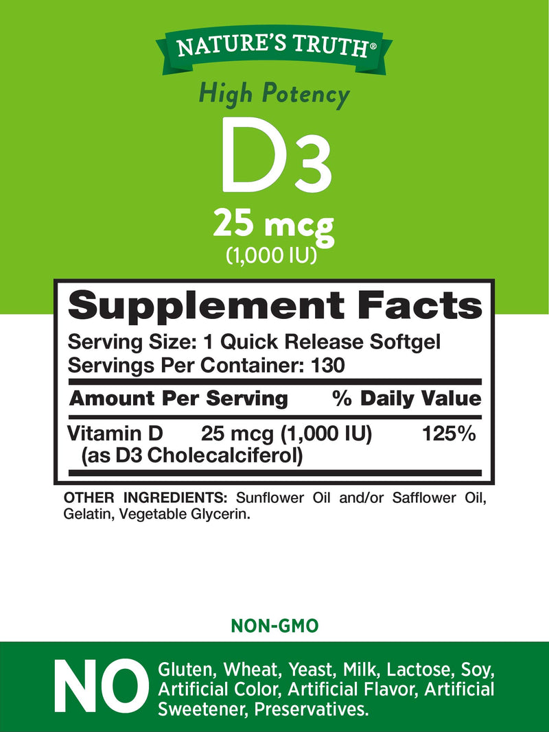 Nature's Verdad alta potencia Vitamina D3 1000 IU 130 Softgels
