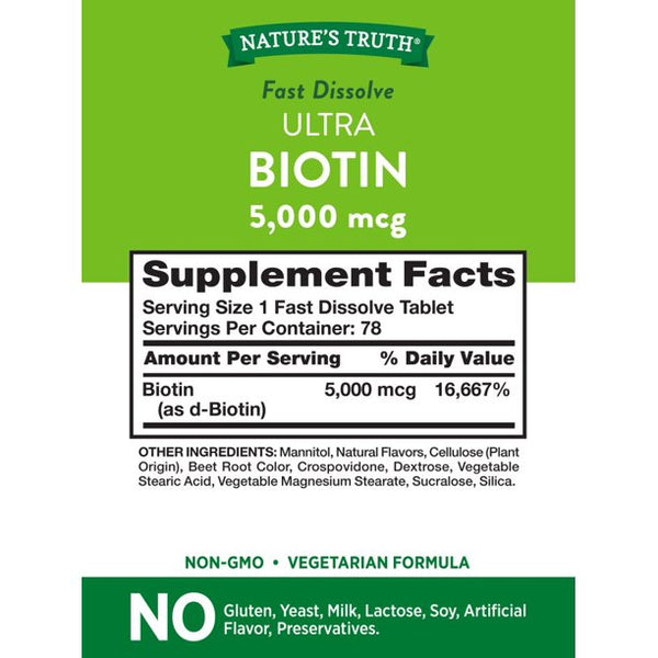 Nature's Truth Ultra Biotin 5,000mcg 78 Tabletas de disolución rápida Berry