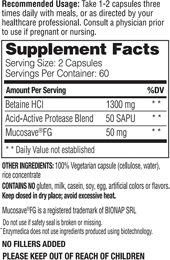 Enzymedica Betaine HCI 60 Capsules