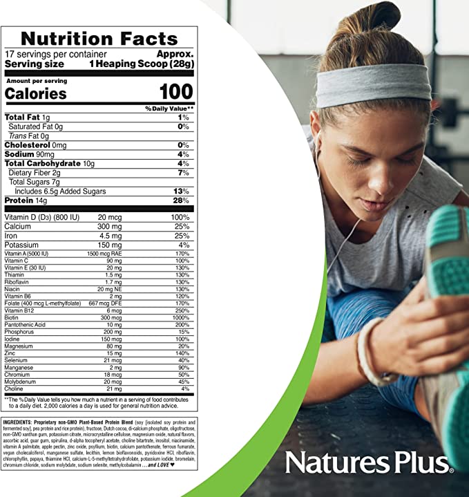 Nature's Plus Spiru-Tein Chocolate Plant-Based Protein Powder 1.05Lb