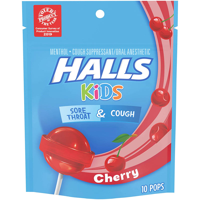 Halls Kids Cherry Tos y dolor de garganta Pops, 10 Pops