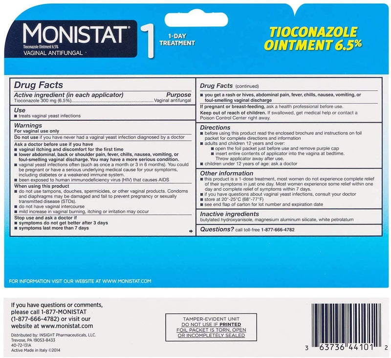 Monistat 1Day Yeast Infection Treatment Prefilled Tioconazole Ointment 0.16 Oz