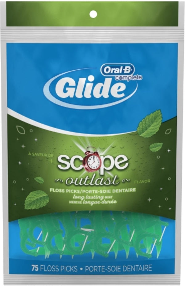 Oral-B Complete Glide Dental Floss Picks Plus Scope Outlast, Long Lasting Mint, 75 Dental Floss Picks
