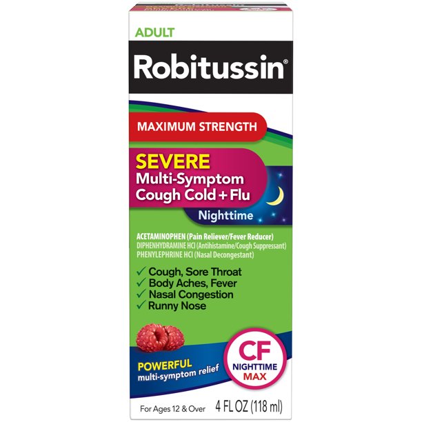 Robitussin adulto tos severa fría y gripe cf líquido nocturno 4 oz