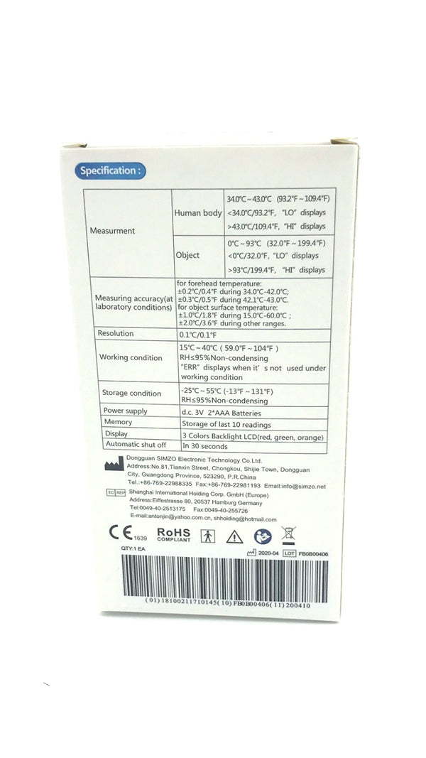 Termómetro de frente sin contacto simzo