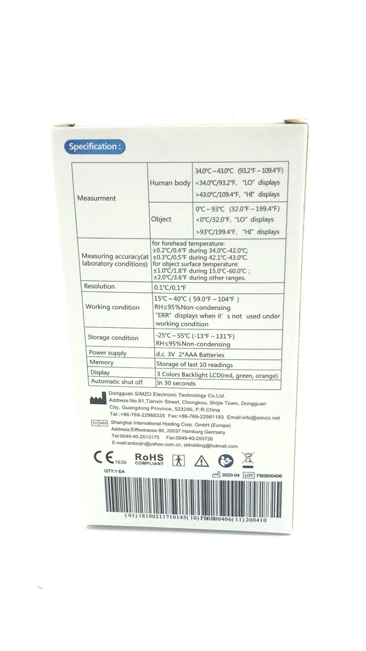 Termómetro de frente sin contacto simzo