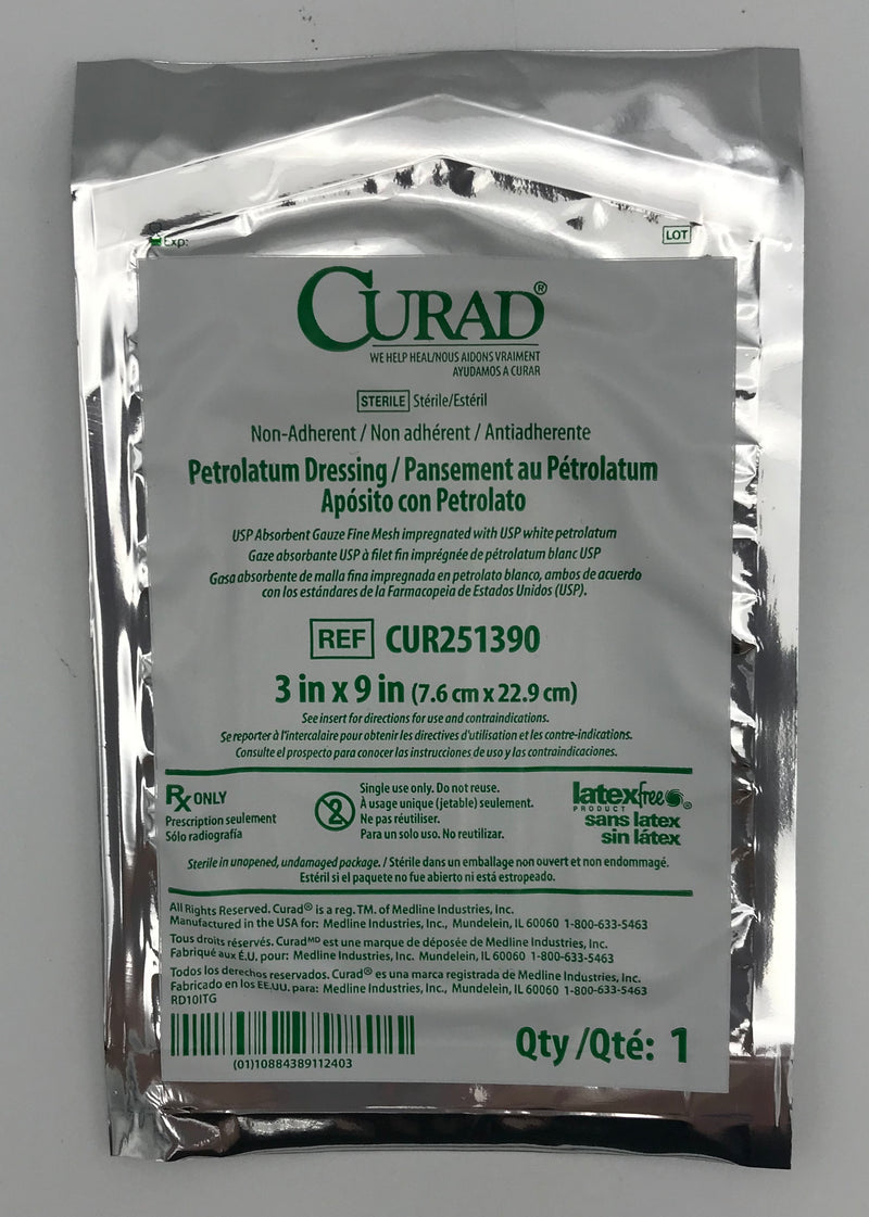 curad oil emulsion dressing DRESSING,GAUZE,OIL EMLSN,CURAD,3X8,3/PK white petrolatum in an emulsion blend that permits the flow of exudates without adhering to granulating tissue Nonocclusive dressing helps minimize skin maceration Highly conformable and ideal for lightly draining wounds including minor burns Curad. Petrolatum Dressing CUR251390 3
