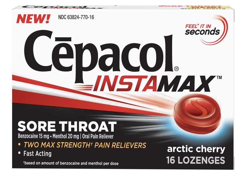 Cepacol InstaMax Sore Throat & Cough Drop Lozenges, Artic Cherry, 16 count