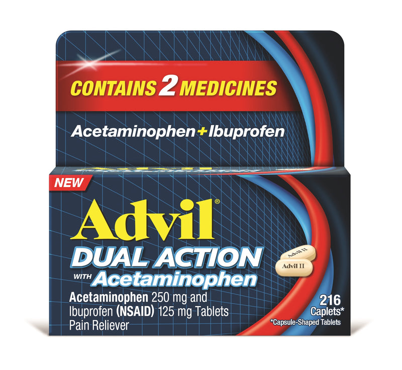 Advil Dual Action con acetaminofeno, 250 mg de ibuprofeno y 500 mg de acetaminofeno por dosis. 216 gorras