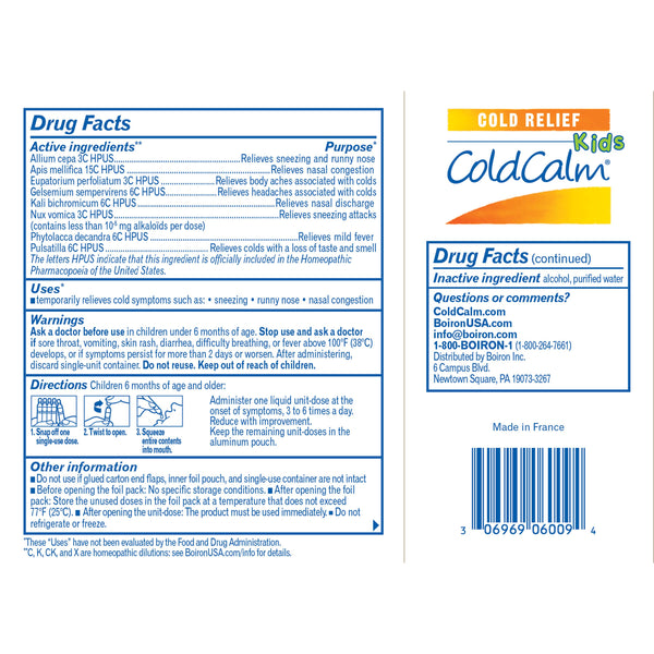 Boiron ColdCalm Kids, Homeopathic Medicine for Cold Relief, Sneezing, Runny Nose, Nasal Congestion, 30 Single Liquid Doses