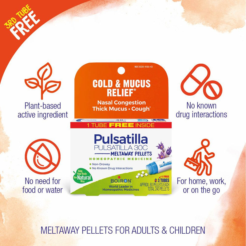Boiron Pulsatilla 30C Bonus Pack, Homeopathic Medicine for Cold & Mucus Relief, Nasal Congestion, Thick Mucus, Cough, 3 x 80 Pellets
