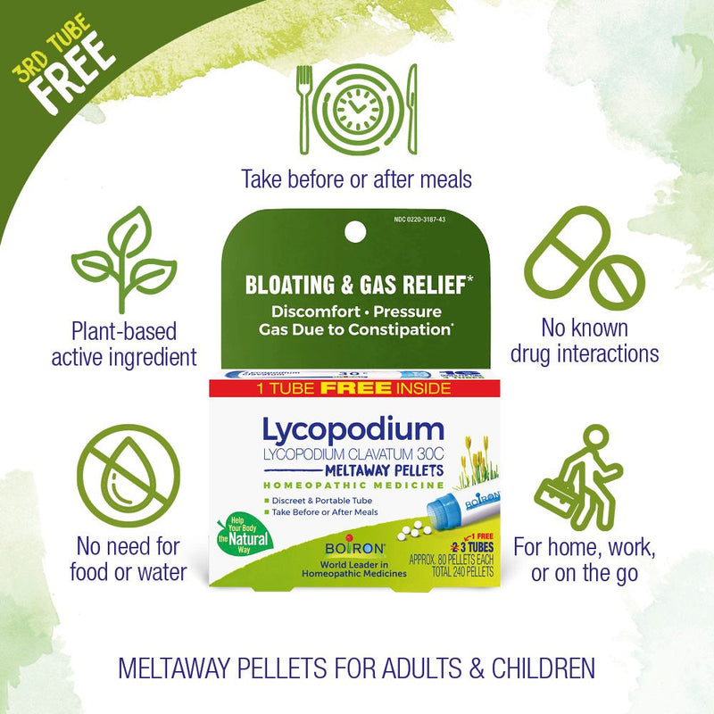 Boiron Lycopodium Clavatum 30C Bonus Pack, Homeopathic Medicine for Bloating & Gas Relief, Discomfort, Pressure, Gas Due to Constipation, 3x 80 Pellets