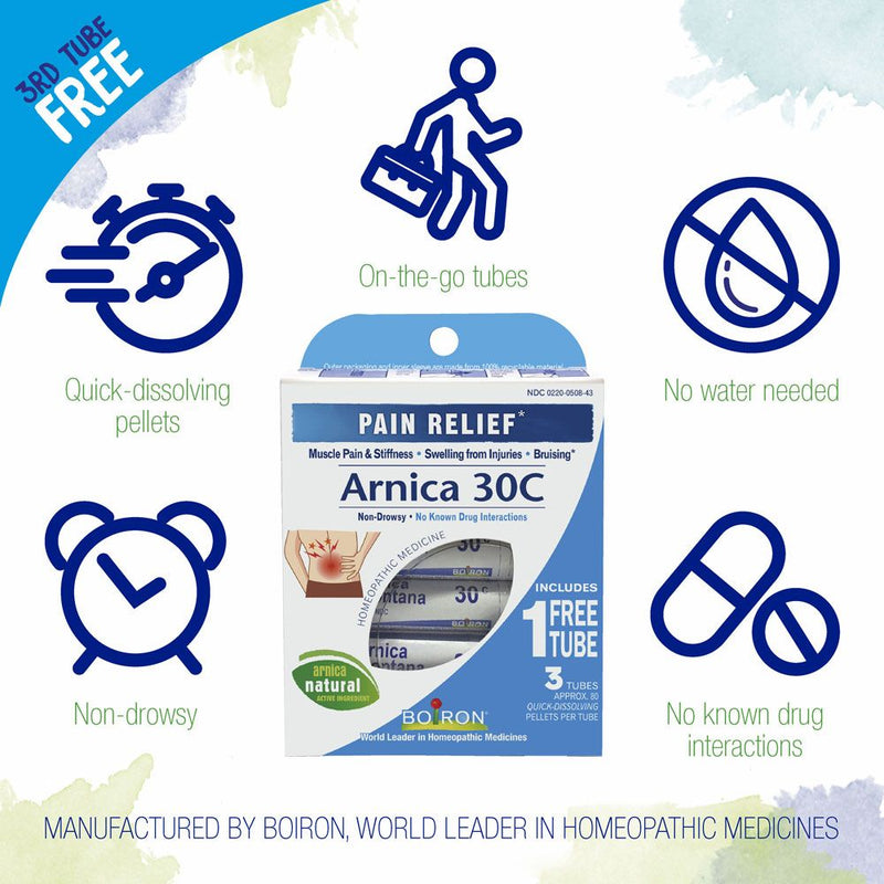 Boiron Arnica 30C Bonus Pack, Homeopathic Medicine for Pain Relief, Muscle Pain & Stiffness, Swelling from Injuries, Bruises, 3 x 80 Pellets