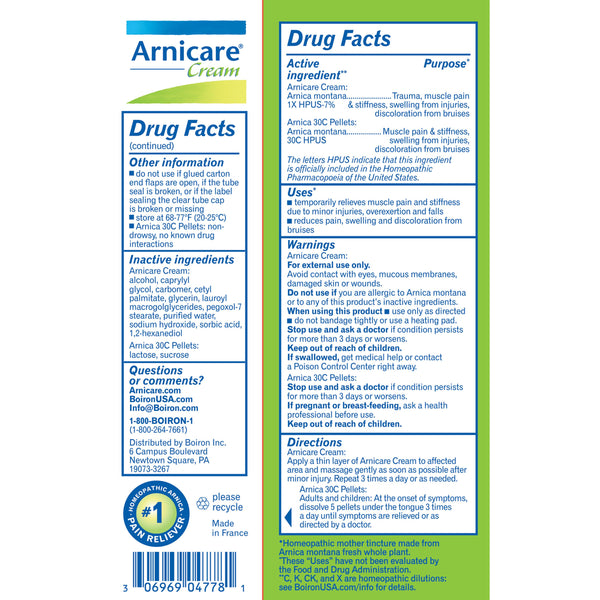 Boiron Arnicare Cream and Arnica 30C Value Pack Pain Relief, Muscle Pain & Stiffness, Swelling from Injuries, Bruising, 2.5 oz and 80 Pellets