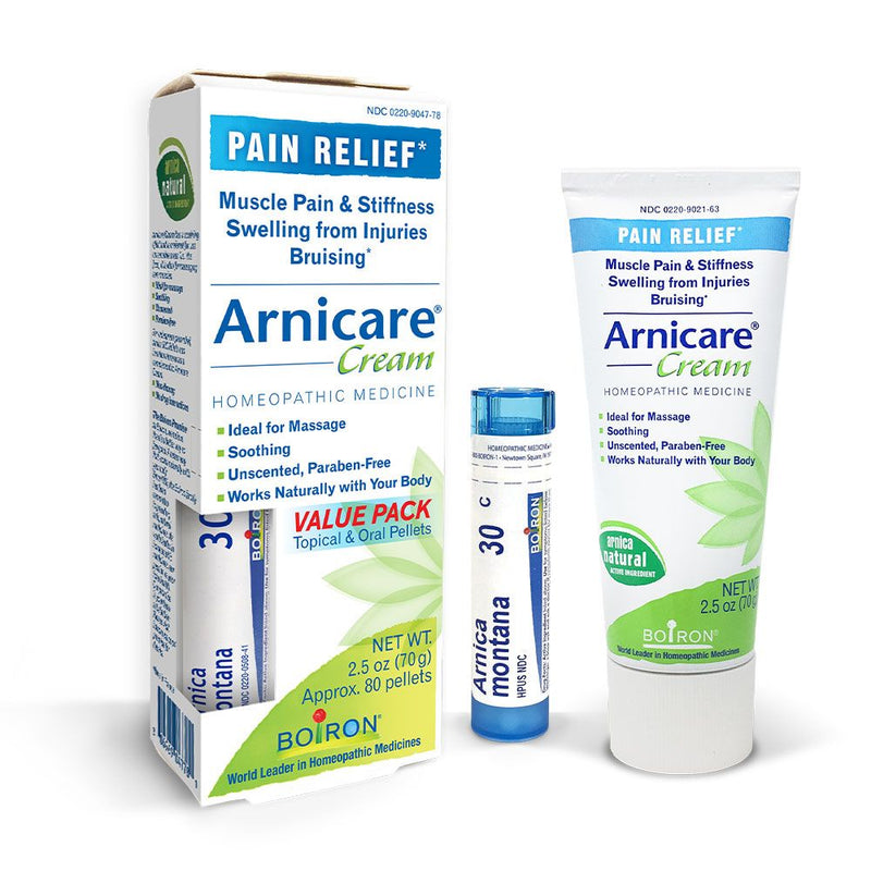 Boiron Arnicare Cream and Arnica 30c Valor Pack Holder Alivio, dolor y rigidez muscular, hinchazón de lesiones, hematomas, 2.5 oz y 80 gránulos
