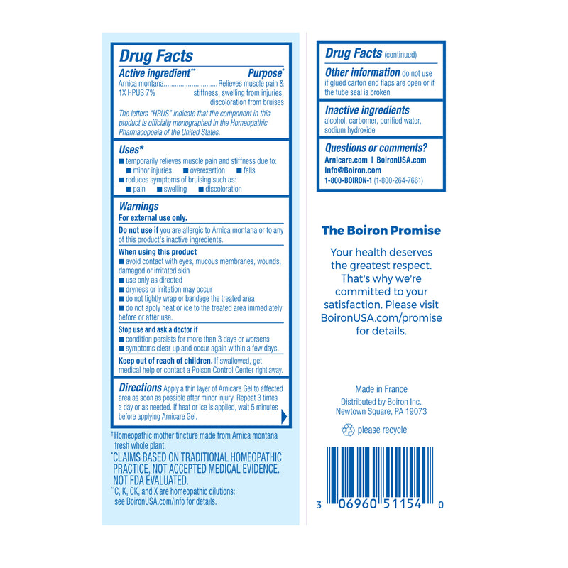 Boiron Arnicare, Homeopathic Medicine for Pain Relief, Muscle Pain & Stiffness, Swelling from Injuries, Bruising, 1.5 oz Gel