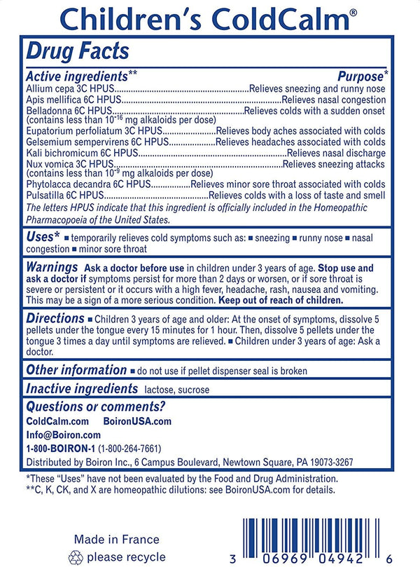 Boiron Childrens ColdCalm, Homeopathic Medicine for Cold Relief, Sneezing, Runny Nose, Nasal Congestion, Minor Sore Throat, 2 x 80 Pellets