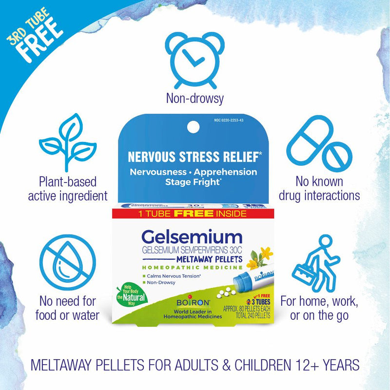 Boiron Gelsemium 30C Bonus Pack, Homeopathic Medicine for Nervous Stress Relief, Nervousness, Apprehension, Stage Fright, 3 x 80 Pellets