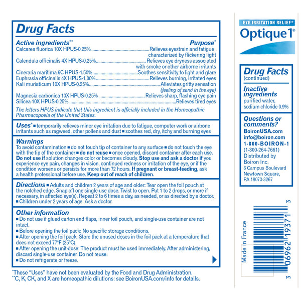 Boiron Optique 1 Eye Drops, Homeopathic Medicine for Eye Irritation Relief, Dry Eyes, Allergy Symptoms, Itchy, Red, Burning Eyes, Computer Eye Strain, 30 Single Liquid Doses