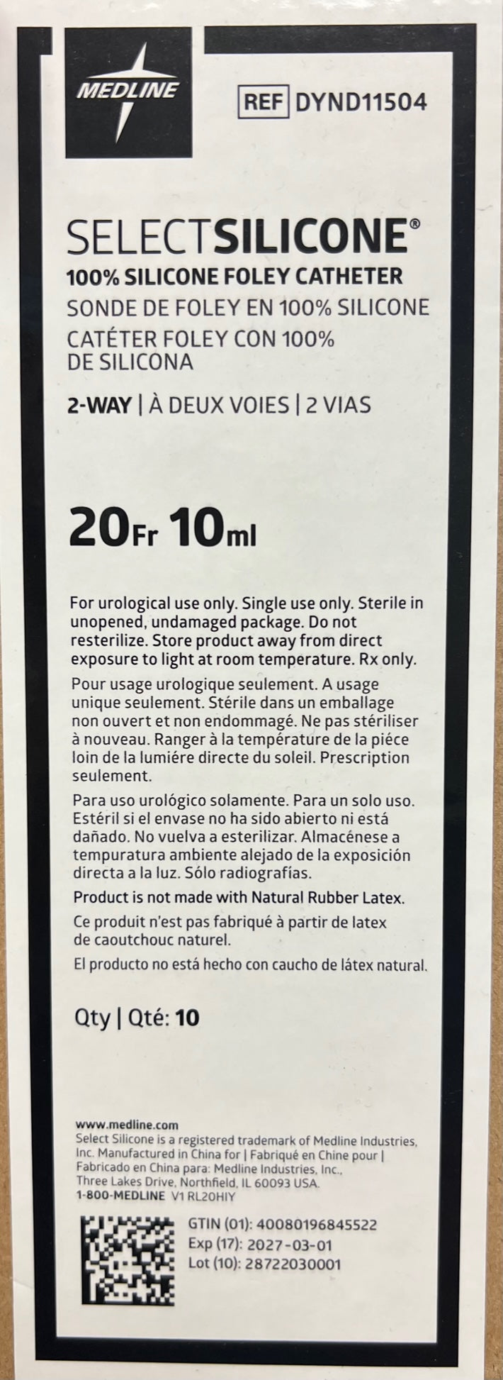 Medline - Dynd11504 - Silicona -Elastómero de 2 vías Catéter Foley 20 FR 10 CC