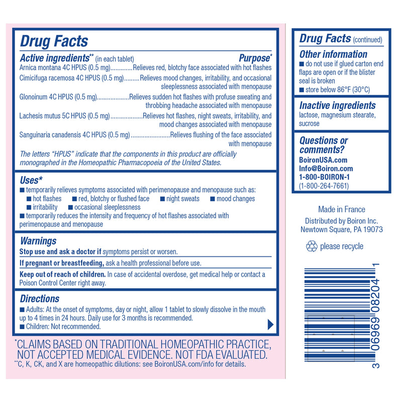 Boiron ciclose menopausia, medicina homeopática para alivio de la menopausia, sofocos, sudores nocturnos, 60 tabletas