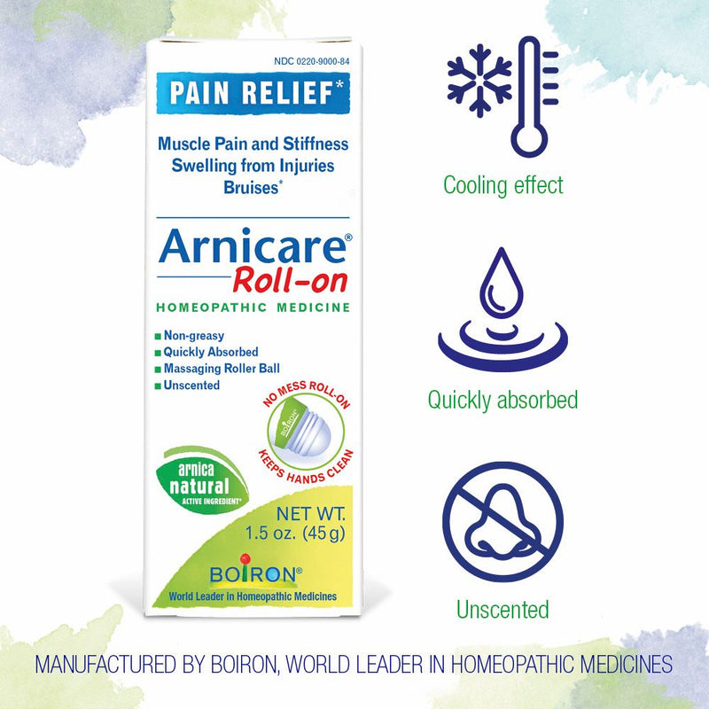 Boiron Arnicare Roll-on, Homeopathic Medicine for Pain Relief, Muscle Pain & Stiffness, Swelling from Injuries, Bruises, 1.5 oz