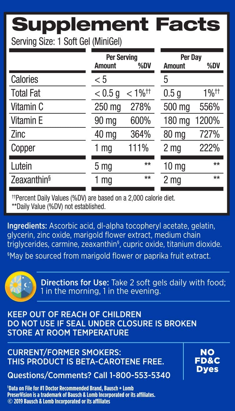Bausch & Lomb PreserVision AREDS 2 Formula Eye Vitamin & Mineral Supplement Softgels