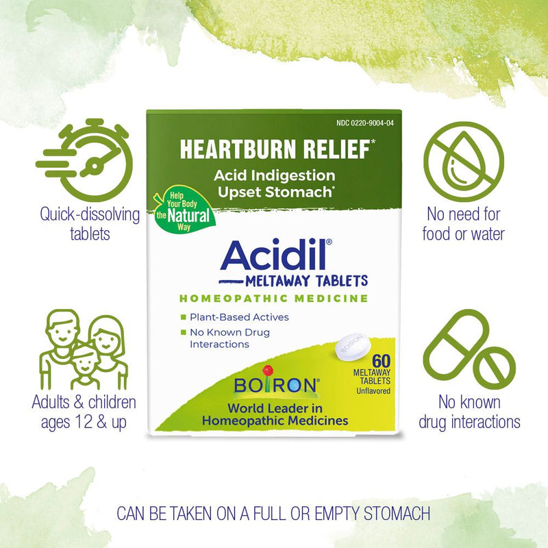 Boiron Acidil, Homeopathic Medicine for Heartburn Relief, Acid Indigestion, Upset Stomach, 60 Tablets