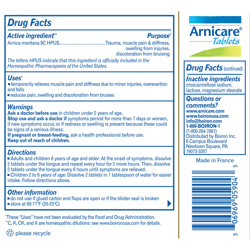 Boiron Arnicare, Homeopathic Medicine for Pain Relief, Muscle Pain & Stiffness, Swelling from Injuries, Bruising, 60 Tablets