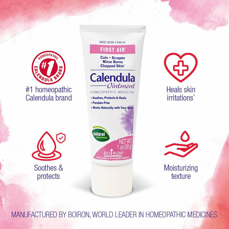 Caléndula de Boiron, medicina homeopática para primeros auxilios, cortes, rasguños, quemaduras menores, piel agrietada, ungüento de 1 oz
