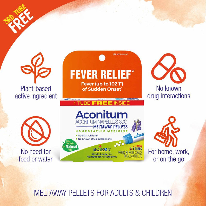 Boiron Aconitum Napellus 30C Bonus Pack Fever Relief, Fever (up to 102¡F) of Sudden Onset, 3 x 80 Pellets