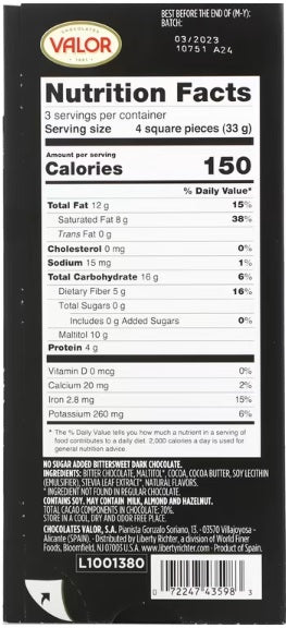 VALOR 70% Dark Chocolate with Stevia, 3.5 Ounce, No sugar Added