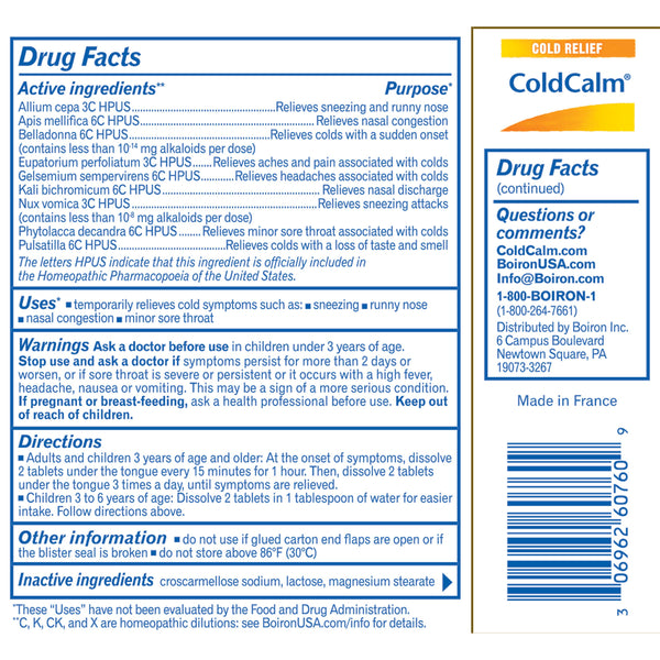 Boiron ColdCalm, Homeopathic Medicine for Cold Relief, Sneezing, Runny Nose, Nasal Congestion, Minor Sore Throat, 60 Tablets