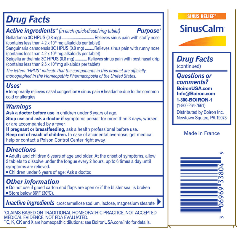 Boiron SinusCalm, Homeopathic Medicine for Sinus Relief, Congestion & Pain, Sinus Pressure, Headache, 60 Tablets