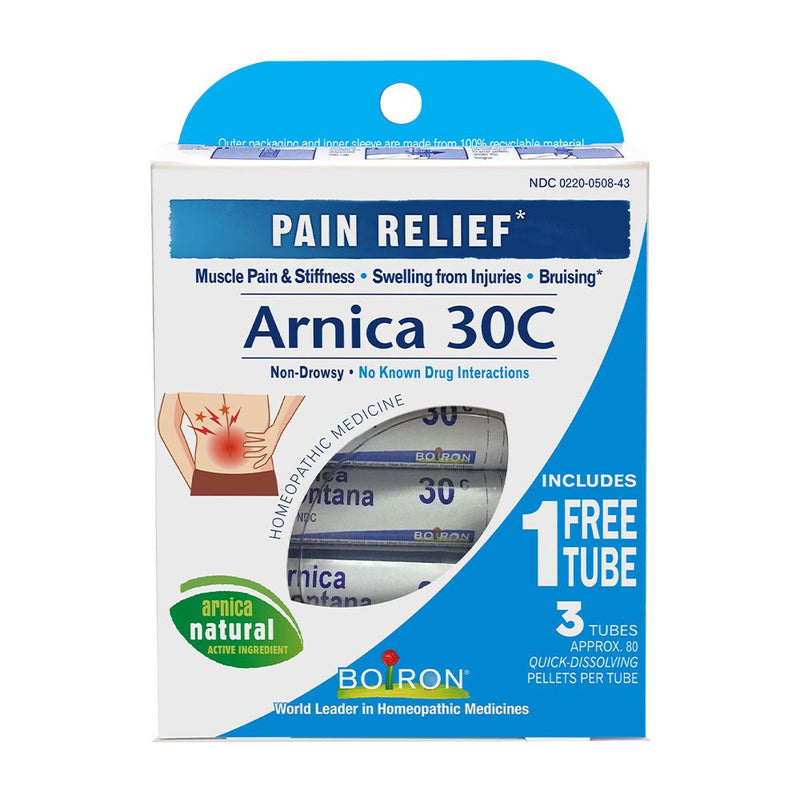 Boiron Arnica 30C Bonus Pack, Homeopathic Medicine for Pain Relief, Muscle Pain & Stiffness, Swelling from Injuries, Bruises, 3 x 80 Pellets