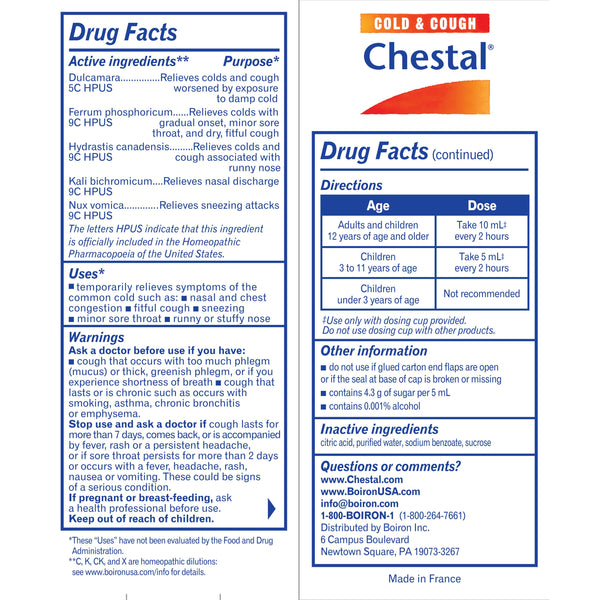 Boiron Chestal Cold & Cough, Homeopathic Medicine for Multi-Symptom Formula for Nasal & Chest Congestion, Cough, Runny Nose, 6.7 fl oz